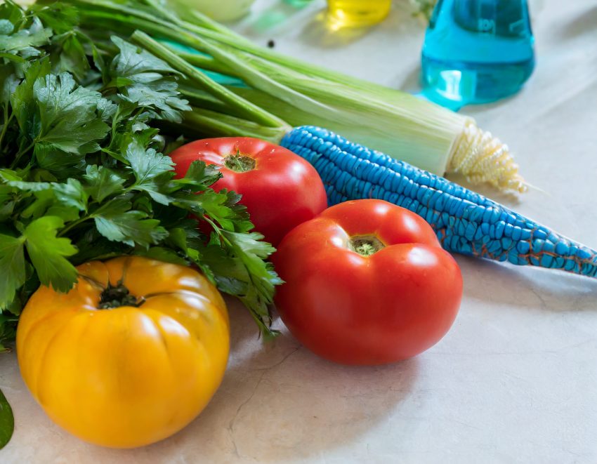 Firefly on the laboratory table there are vegetables of different colours- blue tomatoes, red corn, (1)
