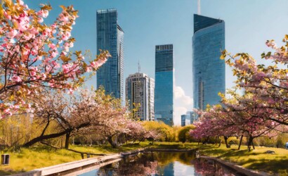 Firefly gökdelenlerin arasında modern bir peyzaj mimarisi, güzel hava, mavi gökyüzü, çiçekli ağaçlar