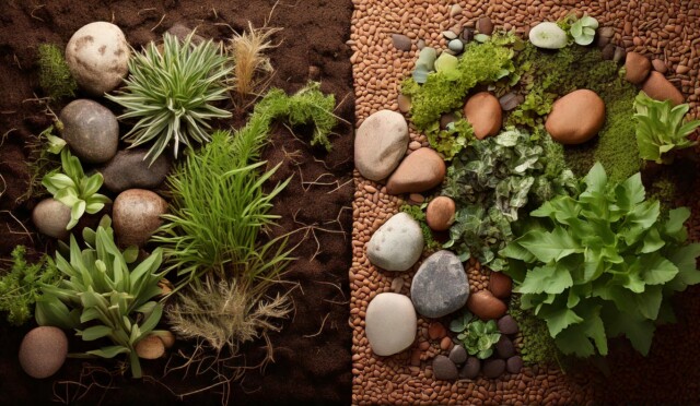 Firefly Close-up view of deep-rooted plants holding Rain garden design with natural stone Before and (1)