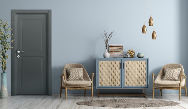 Modern living room interior with door and armchairs 3d rendering