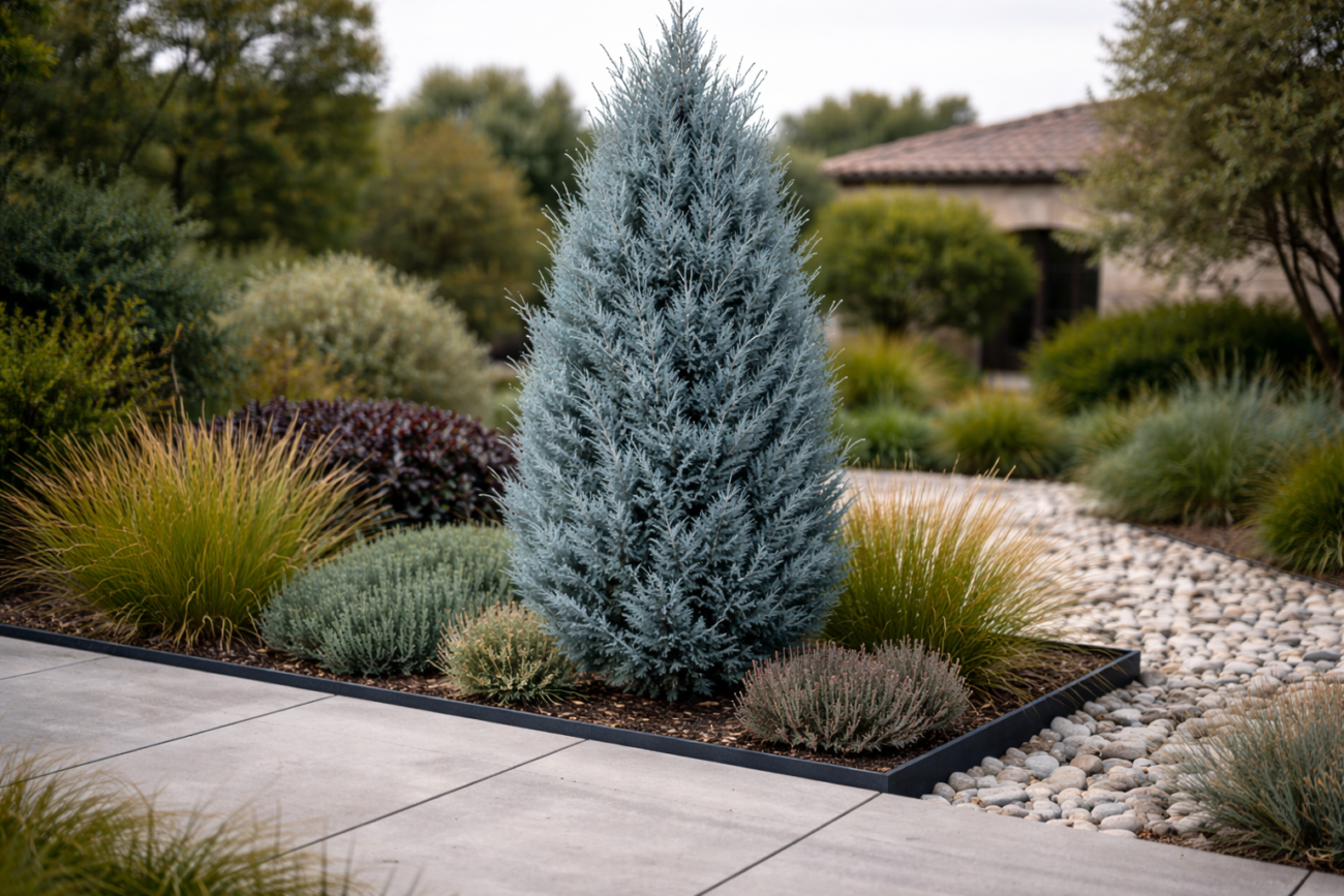 Villa Bahçesinde bir Mavi Servi formu - Villa Bahçe Ağaçları