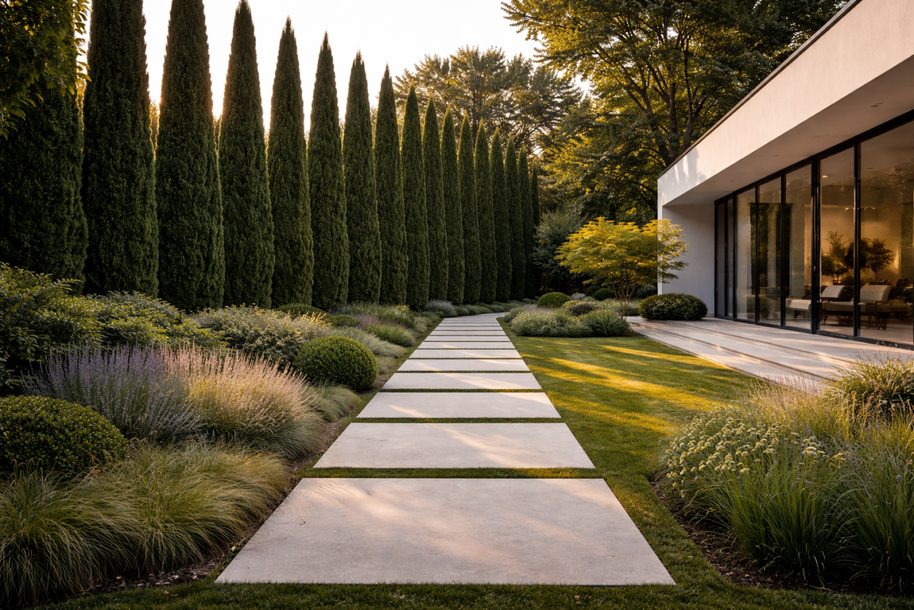 Servi ağacı kullanarak villada mahremiyet oluşturma örneği