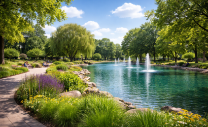 Yeşil park ve gölet manzarası