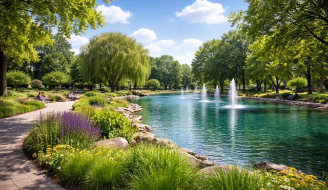 Yeşil park ve gölet manzarası